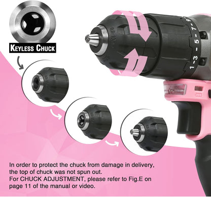 20V Cordless Drill Driver Set, Pink, 3/8" Keyless Chuck