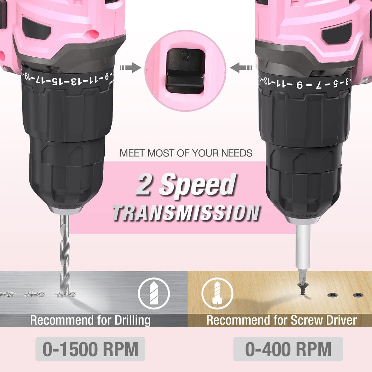 20V Cordless Drill Driver Set, Pink, 3/8" Keyless Chuck