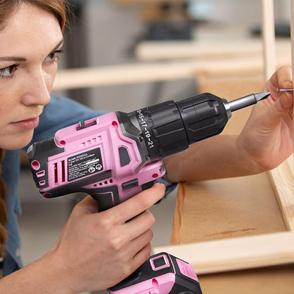 20V Cordless Drill Driver Set, Pink, 3/8" Keyless Chuck