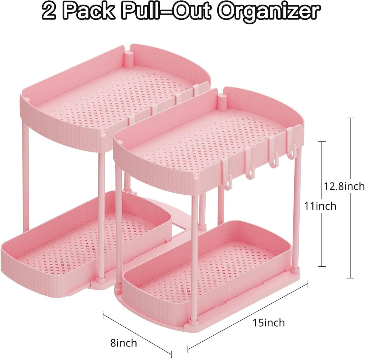 2 Packs Under Sink Pull-Out Storage Organizers, 12.8 Inches, Pink