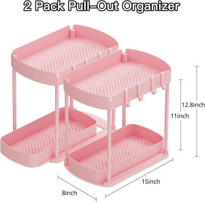 2 Packs Under Sink Pull-Out Storage Organizers, 12.8 Inches, Pink
