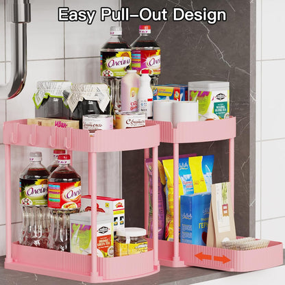 2 Packs Under Sink Pull-Out Storage Organizers, 12.8 Inches, Pink
