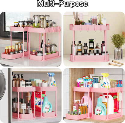 2 Packs Under Sink Pull-Out Storage Organizers, 12.8 Inches, Pink