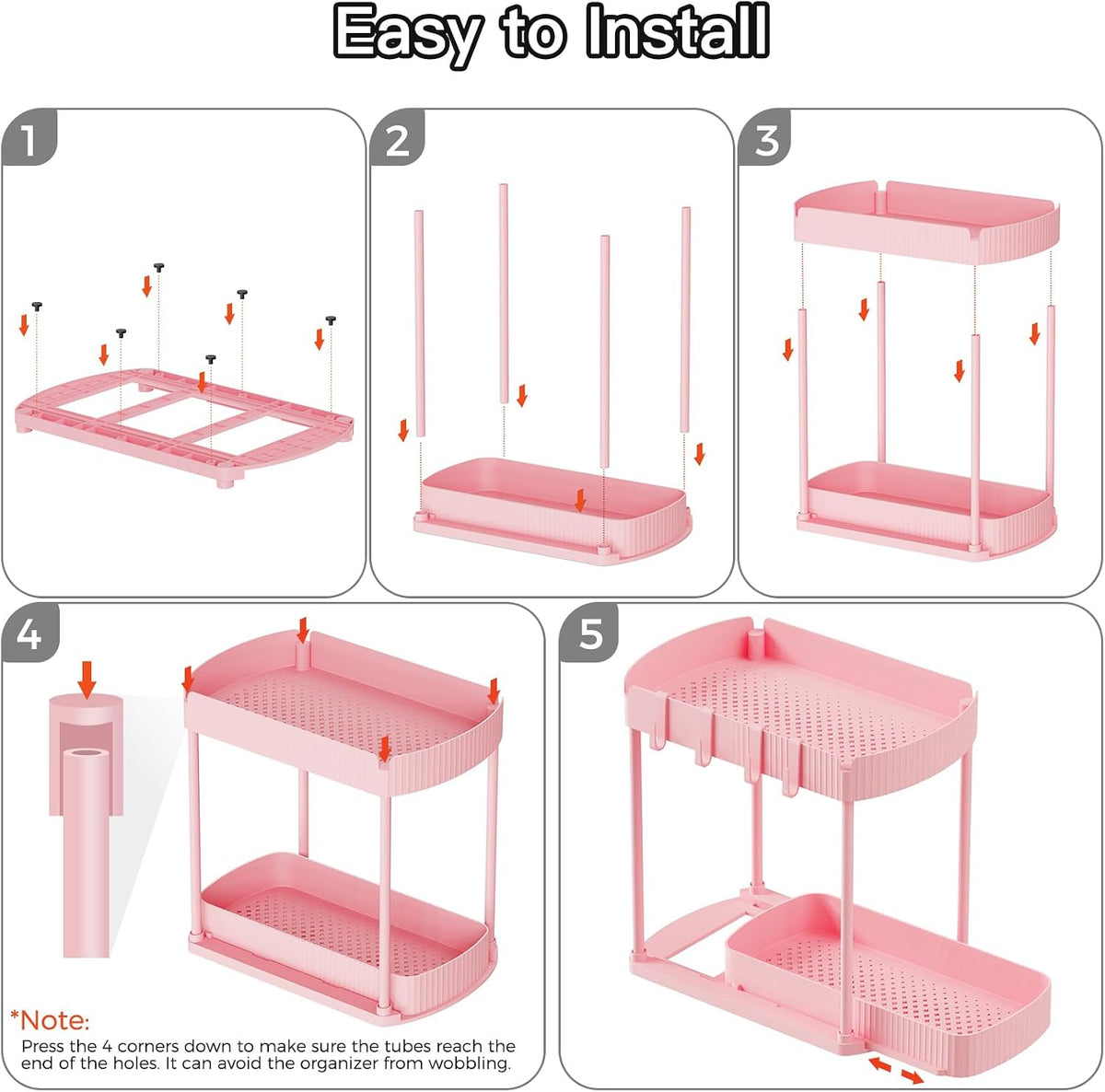 2 Packs Under Sink Pull-Out Storage Organizers, 12.8 Inches, Pink