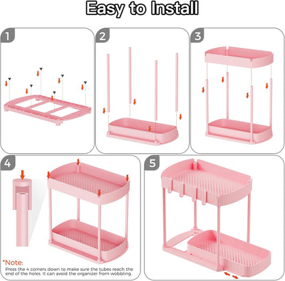 2 Packs Under Sink Pull-Out Storage Organizers, 12.8 Inches, Pink
