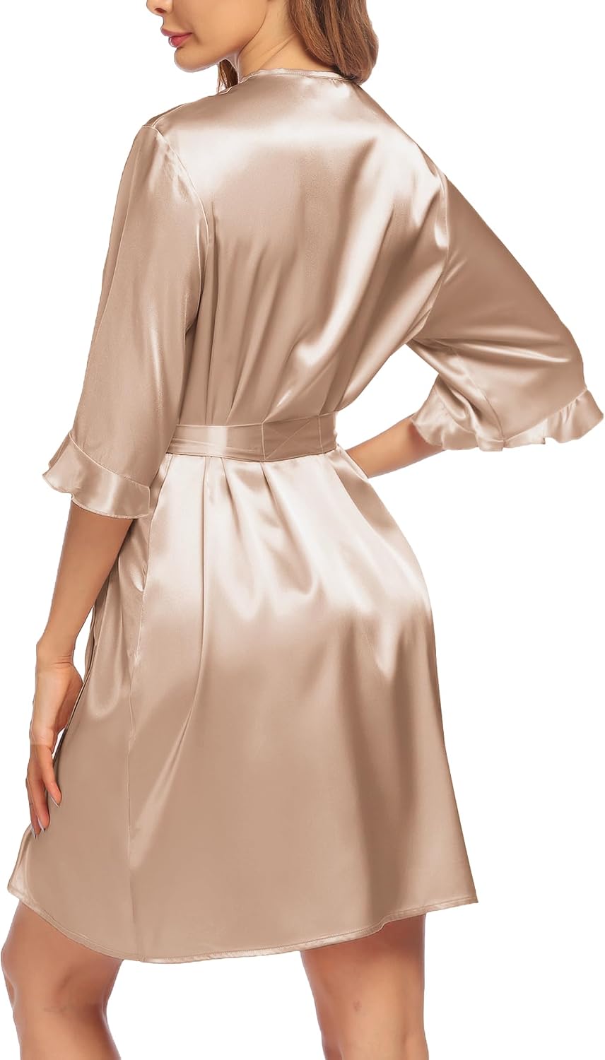 Women's Satin Robe Kimono Bathrobe Short Ruffle Sleeve Silk Robes