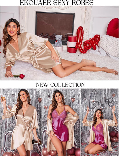 Women's Satin Robe Kimono Bathrobe Short Ruffle Sleeve Silk Robes