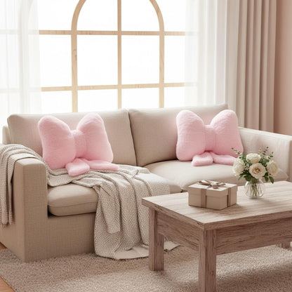 2 Pcs Pink Bow Pillow Faux Fur Pink Throw Pillows Soft Furry Coquette Decorative Cushion Cute Plush Bow Decor for Xmas Girls Home Room Bed Sofa Couch Car Gifts, 12 * 16 Inch