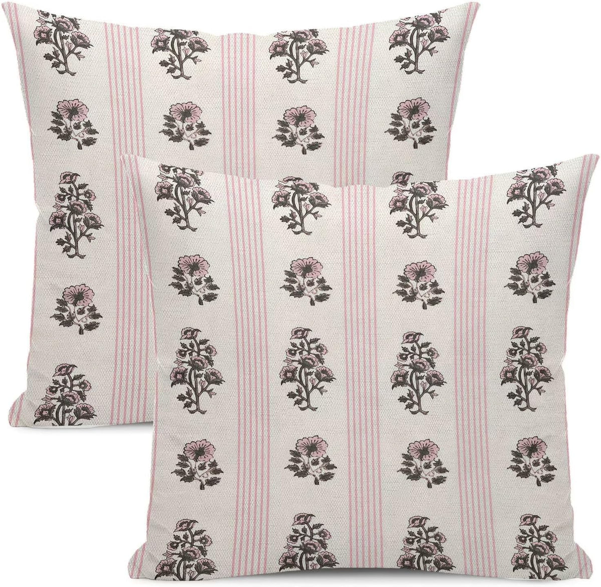 Stripe Floral Pillow Covers 18x18 Inch Set of 2, Block Print Pink Stripe Outdoor Decorative Pink Floral Striped Throw Pillows Neutral Couch Cushion Case for Chair Sofa Bedroom Living Room Decor
