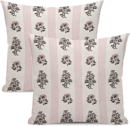 Stripe Floral Pillow Covers 18x18 Inch Set of 2, Block Print Pink Stripe Outdoor Decorative Pink Floral Striped Throw Pillows Neutral Couch Cushion Case for Chair Sofa Bedroom Living Room Decor