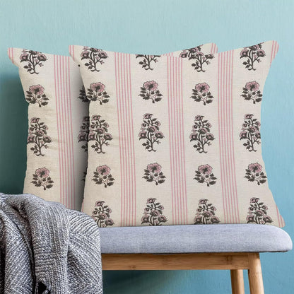 Stripe Floral Pillow Covers 18x18 Inch Set of 2, Block Print Pink Stripe Outdoor Decorative Pink Floral Striped Throw Pillows Neutral Couch Cushion Case for Chair Sofa Bedroom Living Room Decor