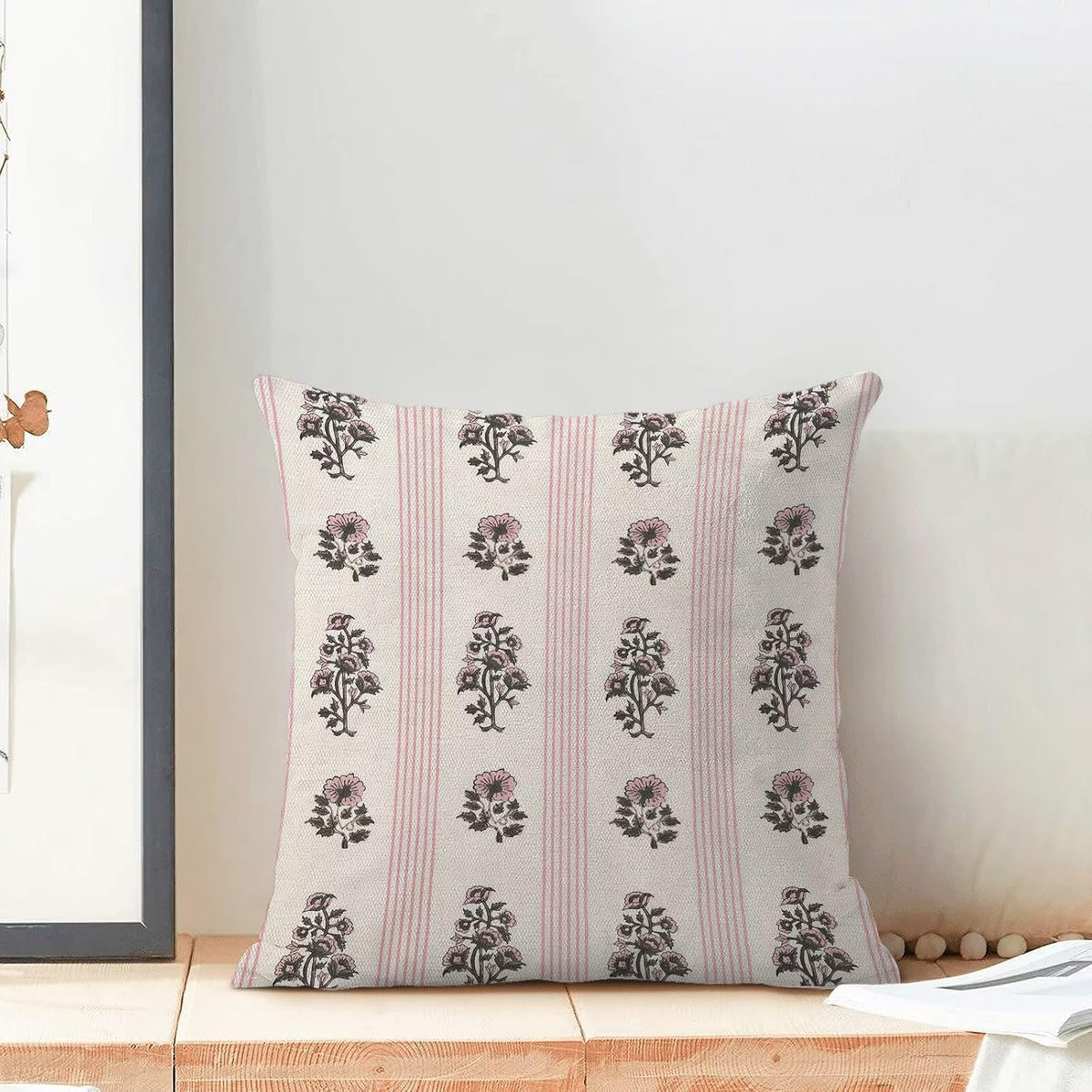 Stripe Floral Pillow Covers 18x18 Inch Set of 2, Block Print Pink Stripe Outdoor Decorative Pink Floral Striped Throw Pillows Neutral Couch Cushion Case for Chair Sofa Bedroom Living Room Decor