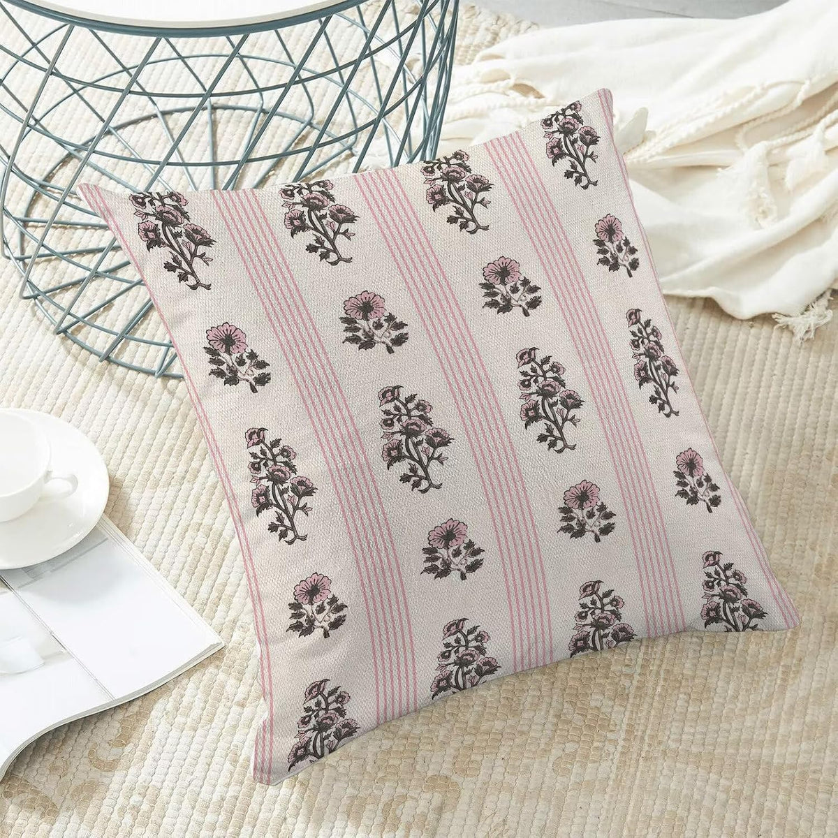 Stripe Floral Pillow Covers 18x18 Inch Set of 2, Block Print Pink Stripe Outdoor Decorative Pink Floral Striped Throw Pillows Neutral Couch Cushion Case for Chair Sofa Bedroom Living Room Decor
