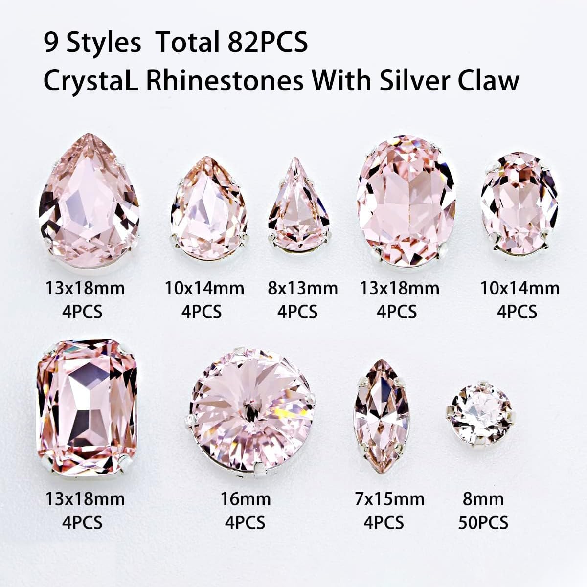 Sew On Rhinestones with Silver Claw, Mixed Shapes 82pcs Rhinestone