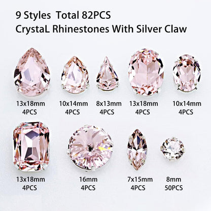 Sew On Rhinestones with Silver Claw, Mixed Shapes 82pcs Rhinestone