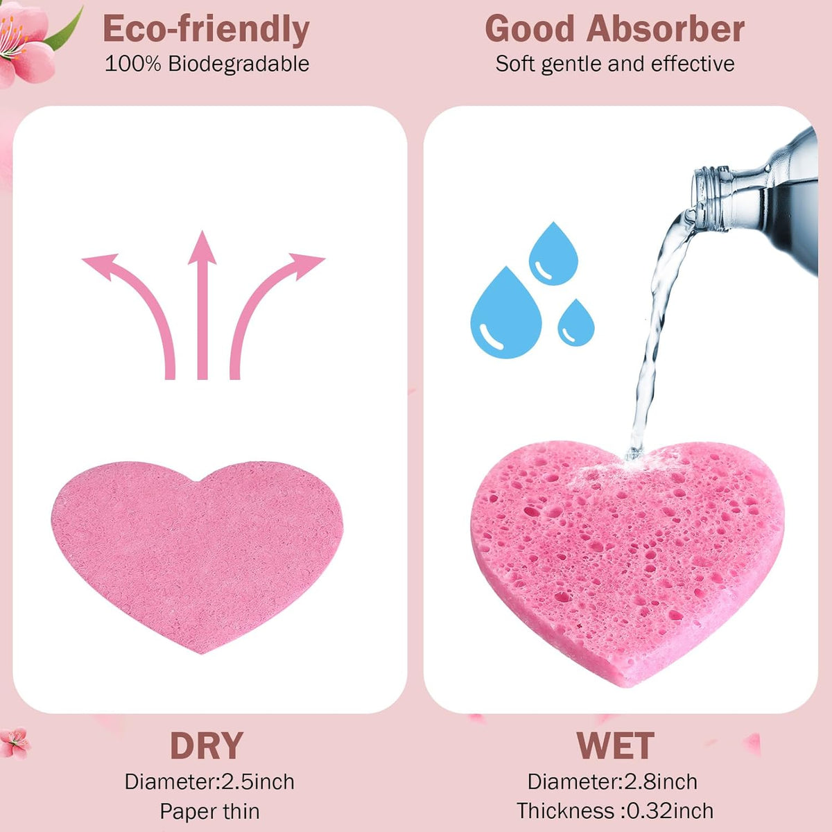 300 Count Compressed Facial Sponges Heart Shape Face Sponges for Cleansing Natural Facial Exfoliating Pads for Estheticians(Pink)