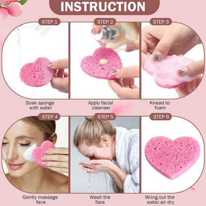 300 Count Compressed Facial Sponges Heart Shape Face Sponges for Cleansing Natural Facial Exfoliating Pads for Estheticians(Pink)