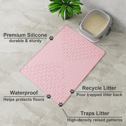 Cat Litter Mat Trapping Mat Premium Silicone 31.5x23.6 Pink, Waterproof and BPA Free Kitty Litter Box Mat, Easy Clean and Keeps The Floor Tidy