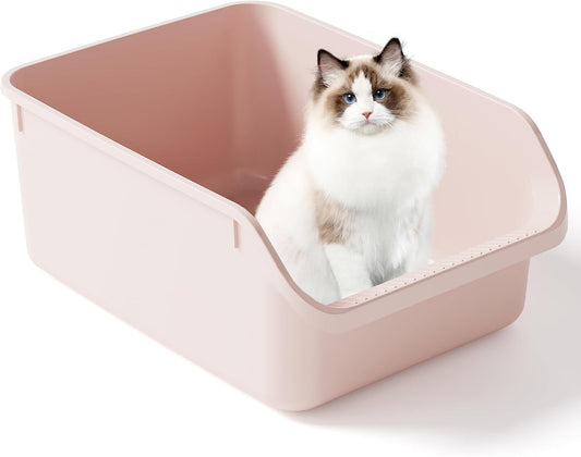 Large Cat Litter Box with High Side Cat Litter Pan Boxes for Indoor Cats Kitty Litter Box with Low Entry Open Top Entrance,Anti-Splashing (Pink)