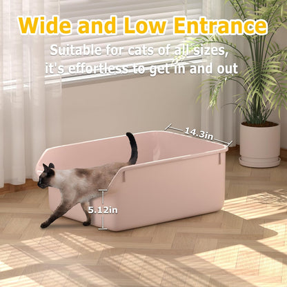 Large Cat Litter Box with High Side Cat Litter Pan Boxes for Indoor Cats Kitty Litter Box with Low Entry Open Top Entrance,Anti-Splashing (Pink)