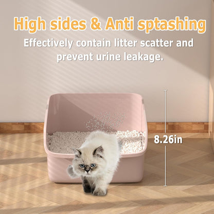 Large Cat Litter Box with High Side Cat Litter Pan Boxes for Indoor Cats Kitty Litter Box with Low Entry Open Top Entrance,Anti-Splashing (Pink)