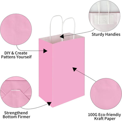 50 Pack 5.25x3.25x8.25 Inch Small Light Pink Kraft Paper Bags with Handles Bulk, Gift Wrap Bags for Favors Grocery Retail Party Birthday Shopping Business Goody Craft Merchandise Take Out Sacks