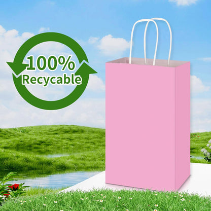 50 Pack 5.25x3.25x8.25 Inch Small Light Pink Kraft Paper Bags with Handles Bulk, Gift Wrap Bags for Favors Grocery Retail Party Birthday Shopping Business Goody Craft Merchandise Take Out Sacks