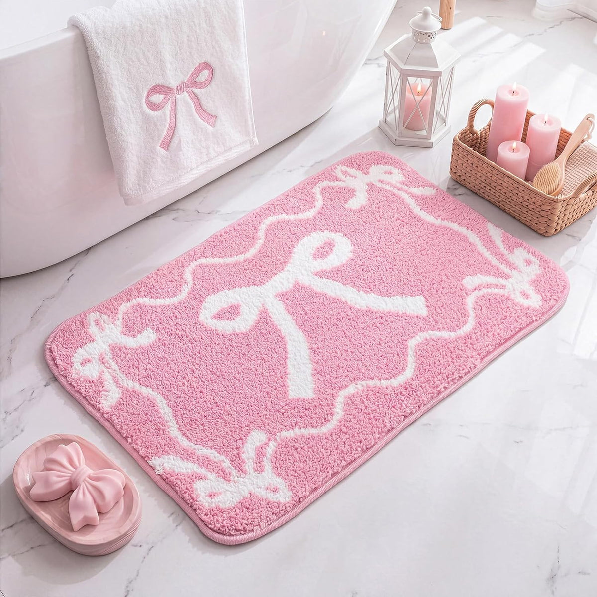Bow Bath Mat Bow Bedroom Rug Cute Large Non Slip Soft Absorbent Bathroom Rug Washable for Bedroom Bathroom Floor Tub Shower Home Decor Accessories(Pink,15.8 x 23.6 Inch)