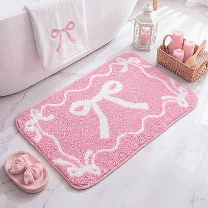 Bow Bath Mat Bow Bedroom Rug Cute Large Non Slip Soft Absorbent Bathroom Rug Washable for Bedroom Bathroom Floor Tub Shower Home Decor Accessories(Pink,15.8 x 23.6 Inch)