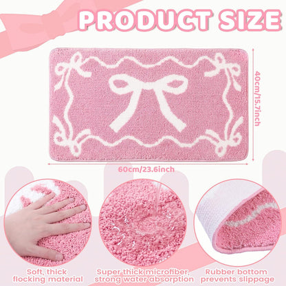 Bow Bath Mat Bow Bedroom Rug Cute Large Non Slip Soft Absorbent Bathroom Rug Washable for Bedroom Bathroom Floor Tub Shower Home Decor Accessories(Pink,15.8 x 23.6 Inch)