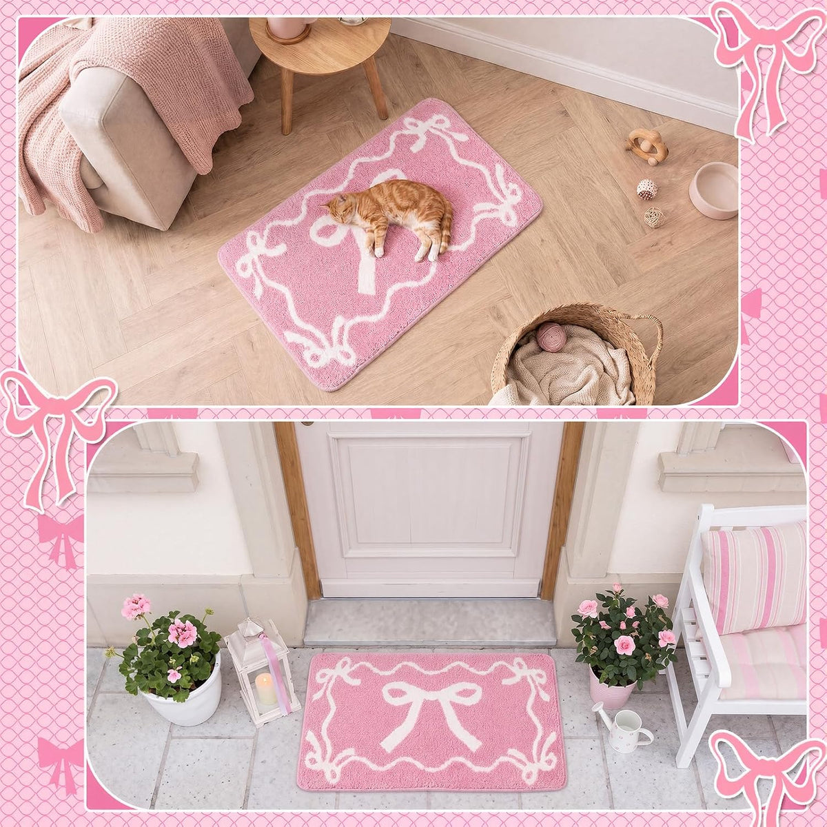 Bow Bath Mat Bow Bedroom Rug Cute Large Non Slip Soft Absorbent Bathroom Rug Washable for Bedroom Bathroom Floor Tub Shower Home Decor Accessories(Pink,15.8 x 23.6 Inch)