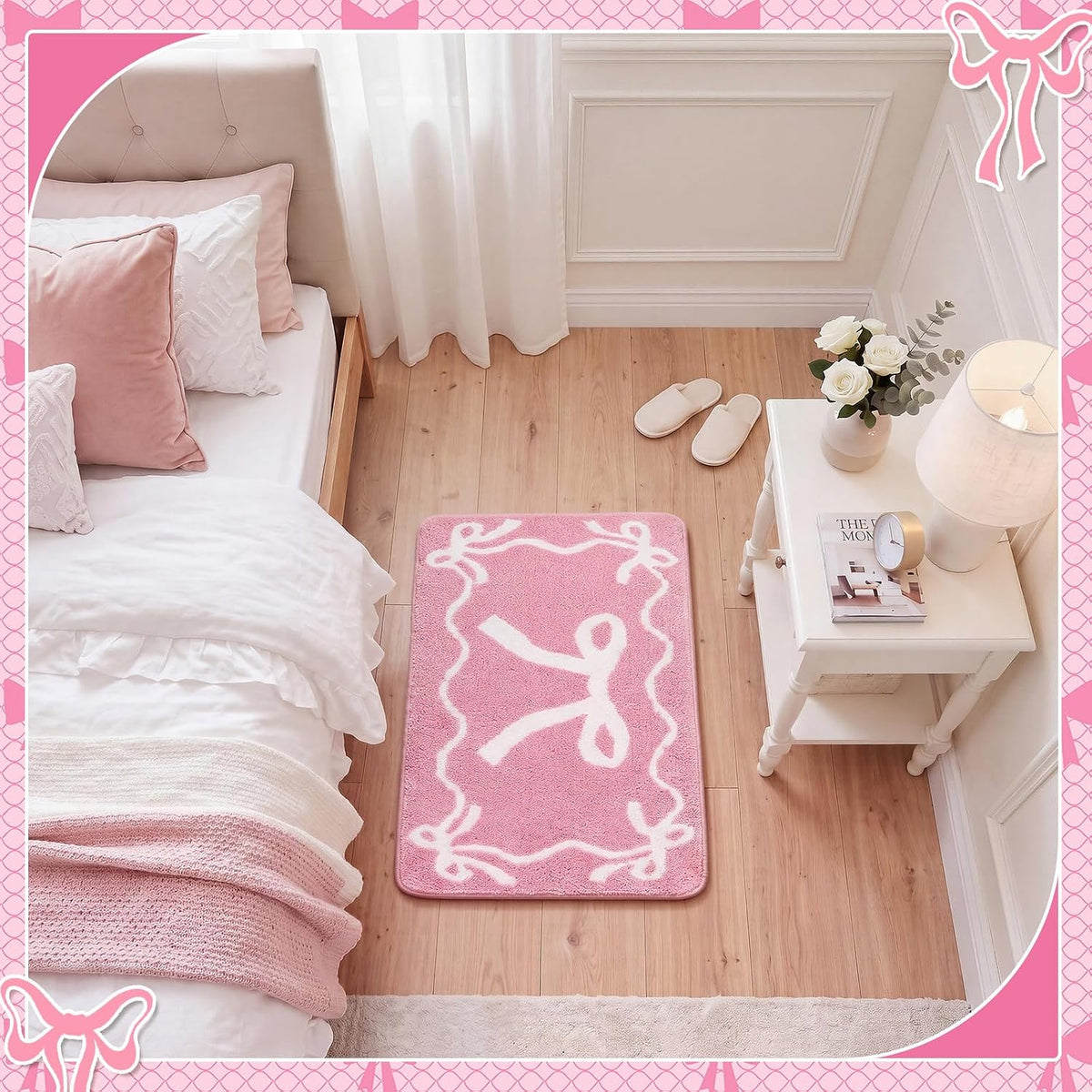 Bow Bath Mat Bow Bedroom Rug Cute Large Non Slip Soft Absorbent Bathroom Rug Washable for Bedroom Bathroom Floor Tub Shower Home Decor Accessories(Pink,15.8 x 23.6 Inch)