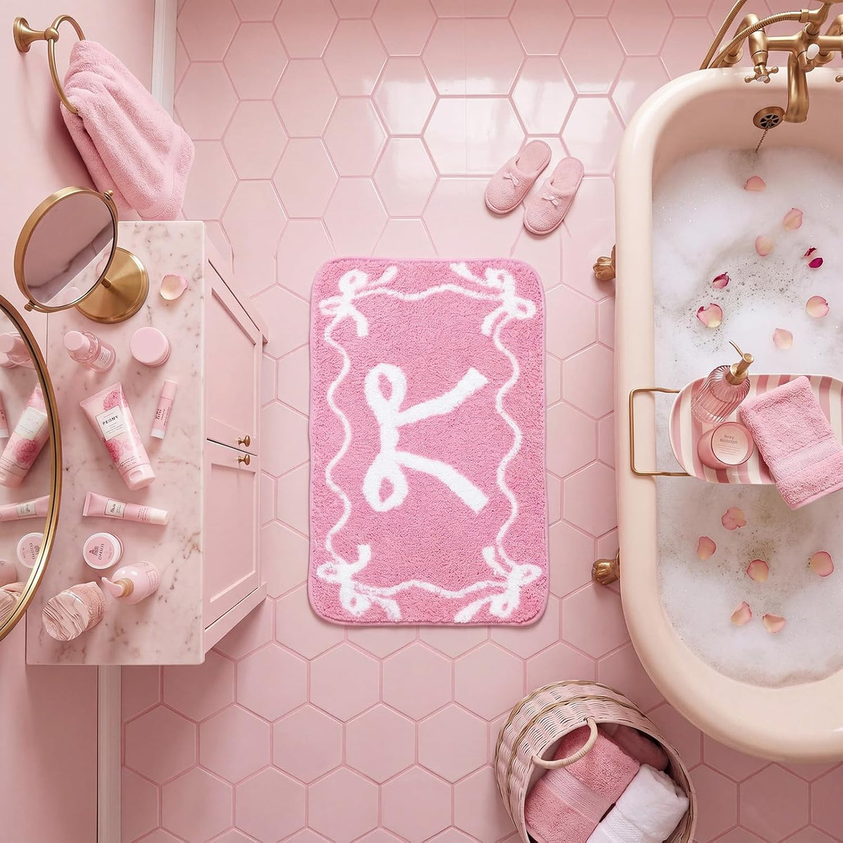 Bow Bath Mat Bow Bedroom Rug Cute Large Non Slip Soft Absorbent Bathroom Rug Washable for Bedroom Bathroom Floor Tub Shower Home Decor Accessories(Pink,15.8 x 23.6 Inch)