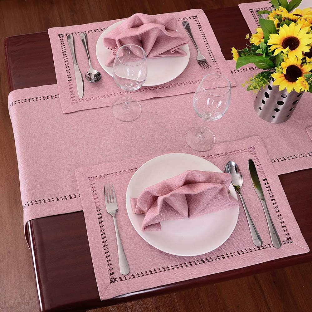 Handcrafted Solid Color Dining Table Runner, Dresser Scarf, Double-Hemstitched (Pink, 14 x 72)