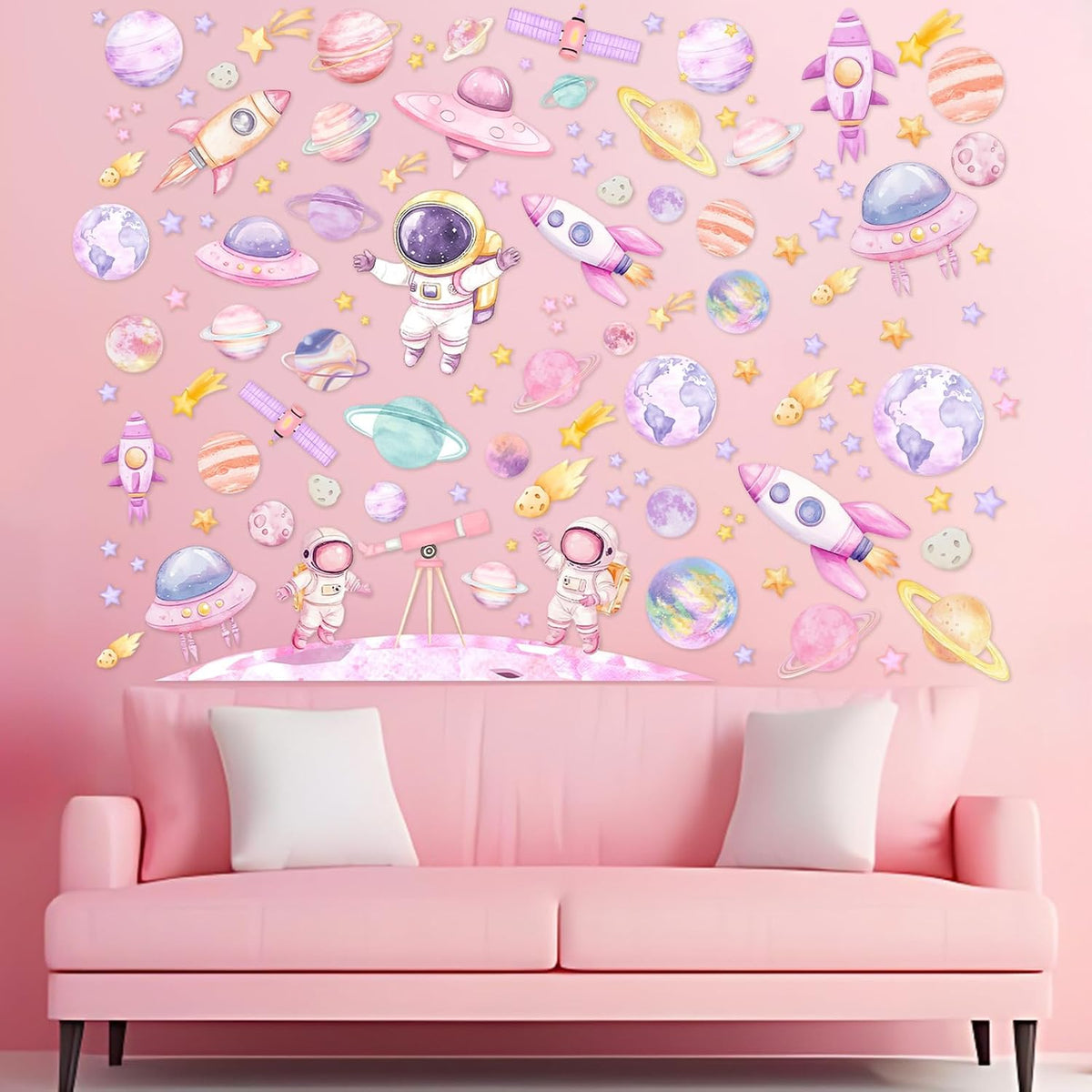 2pcs Outer Space Wall Stickers for Girl Pink Astronaut