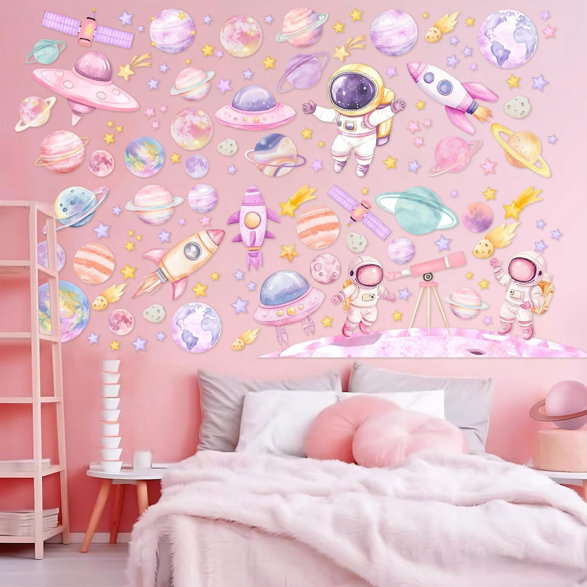 2pcs Outer Space Wall Stickers for Girl Pink Astronaut
