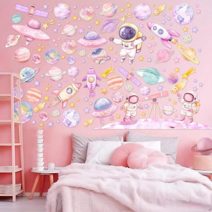 2pcs Outer Space Wall Stickers for Girl Pink Astronaut