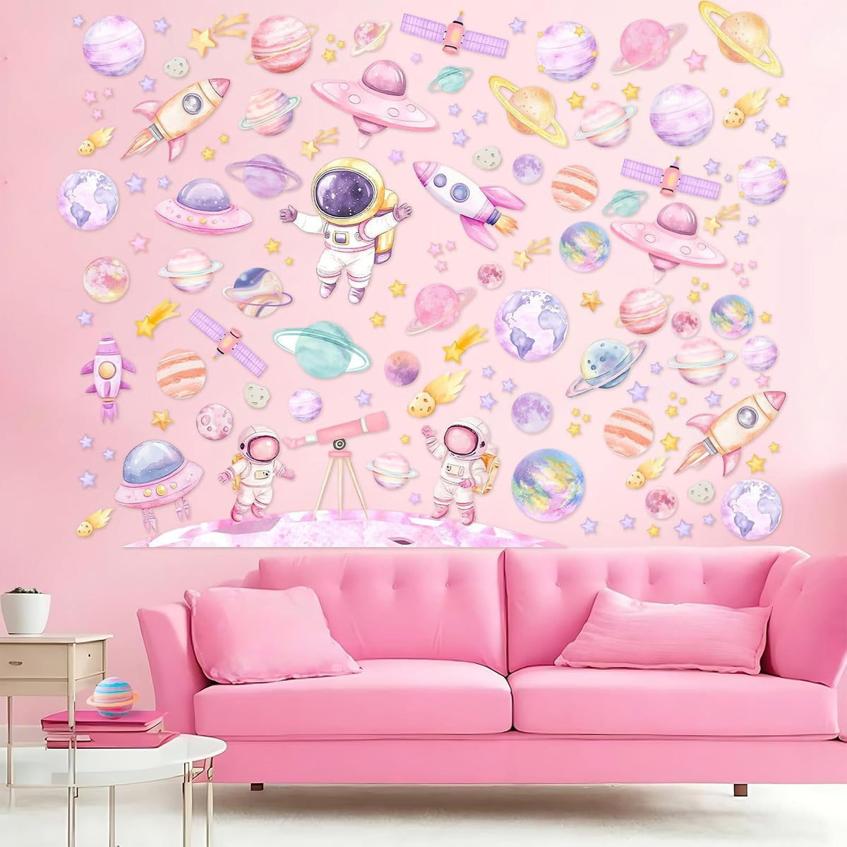 2pcs Outer Space Wall Stickers for Girl Pink Astronaut