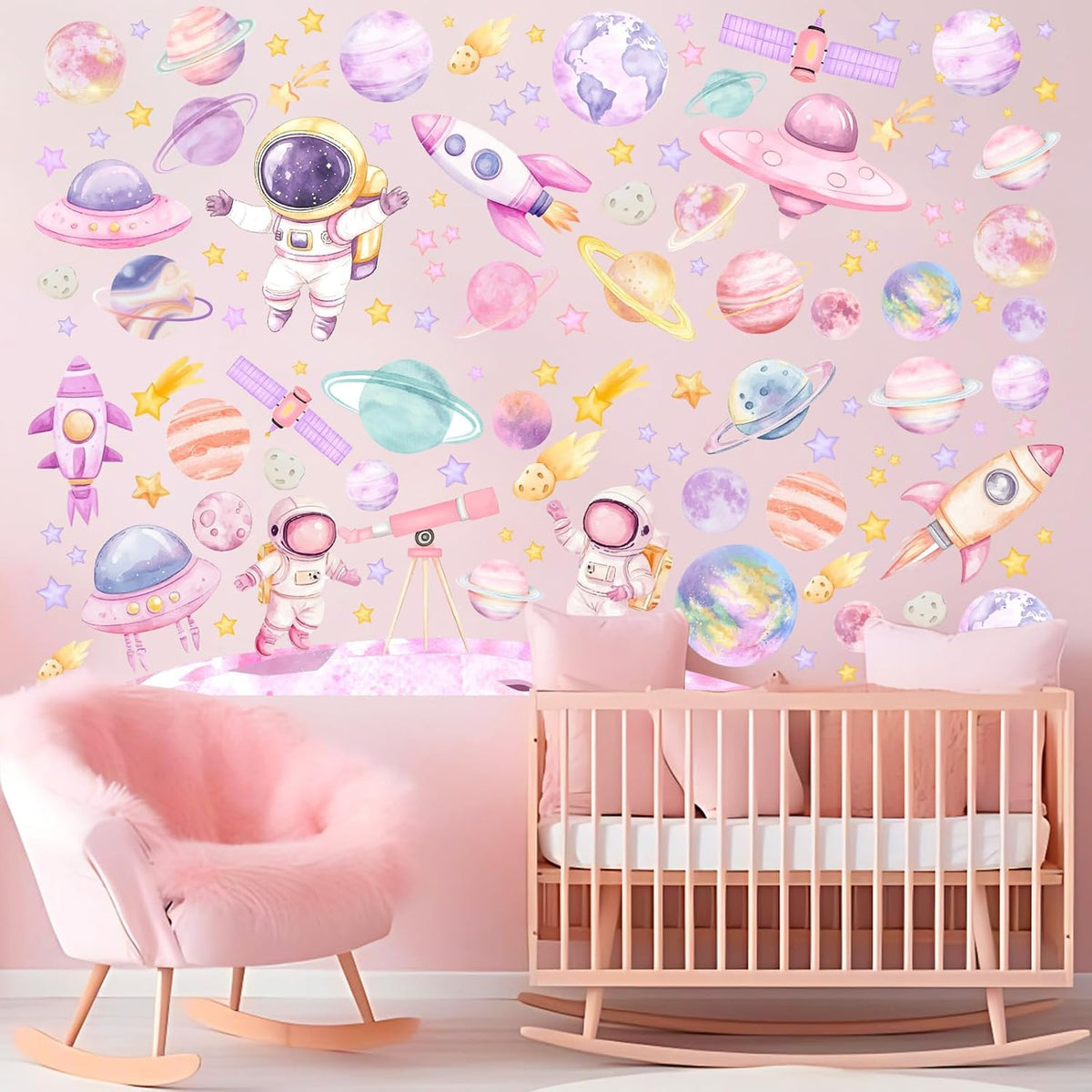 2pcs Outer Space Wall Stickers for Girl Pink Astronaut