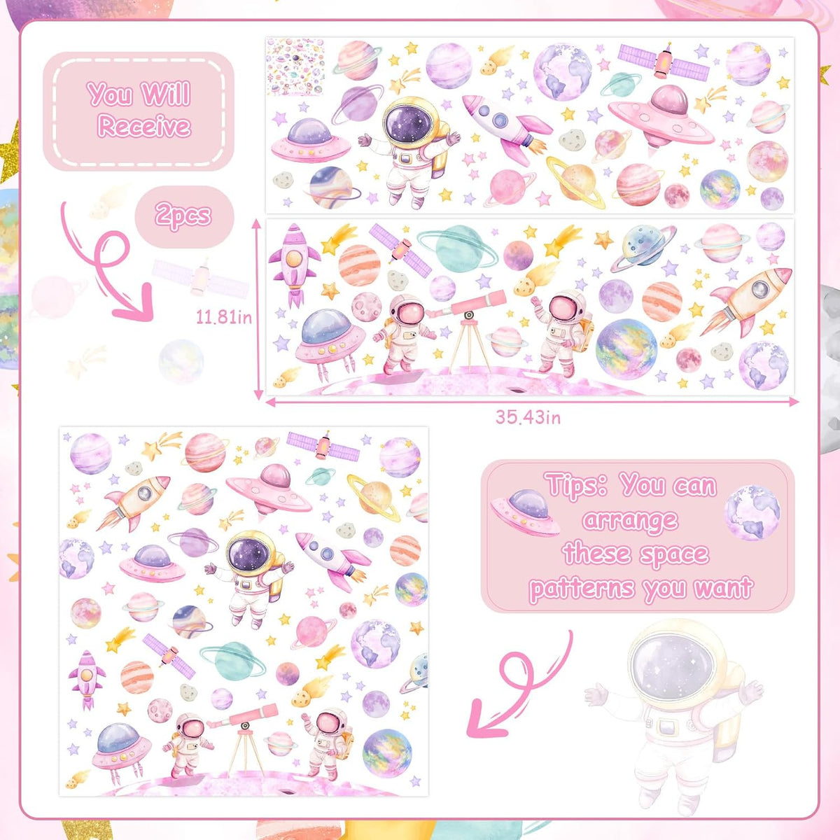 2pcs Outer Space Wall Stickers for Girl Pink Astronaut