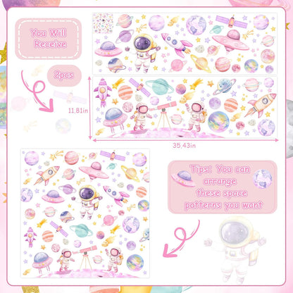 2pcs Outer Space Wall Stickers for Girl Pink Astronaut