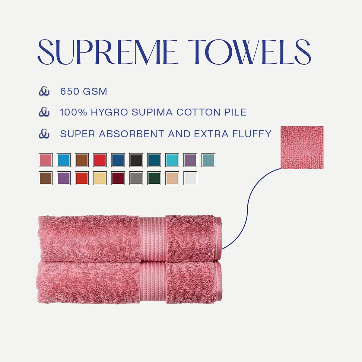 Supreme Hygro 6 Piece Towel Set | Blush Pink | 100% Luxury Supima Cotton | Ultra Soft | Super Absorbent | 650GSM | 2 Bath Towels 2 Hand Towels 2 Face Cloths