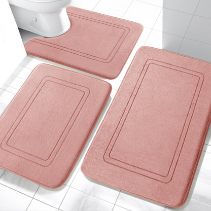 Memory Foam Bath Mat Set, Bathroom Rugs Sets 3 Pieces, Non Slip Bath Mats for Bathroom, Super Soft and Water Absorbent Bath Rug Set, Machine Washable U Shape Toilet Rug,Pink