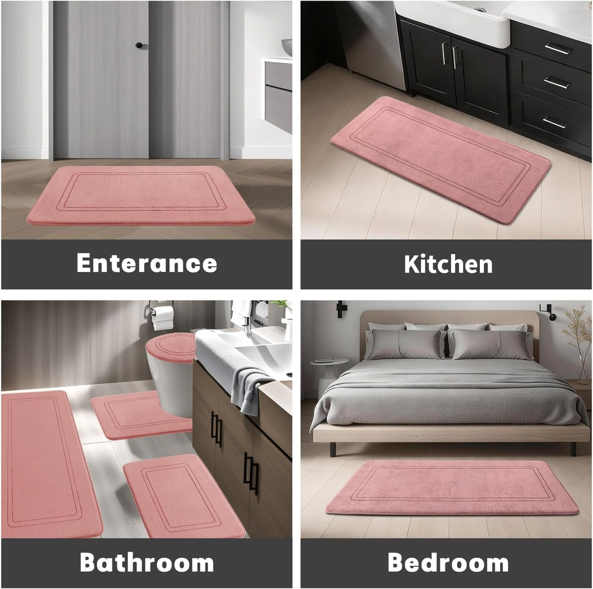 Memory Foam Bath Mat Set, Bathroom Rugs Sets 3 Pieces, Non Slip Bath Mats for Bathroom, Super Soft and Water Absorbent Bath Rug Set, Machine Washable U Shape Toilet Rug,Pink
