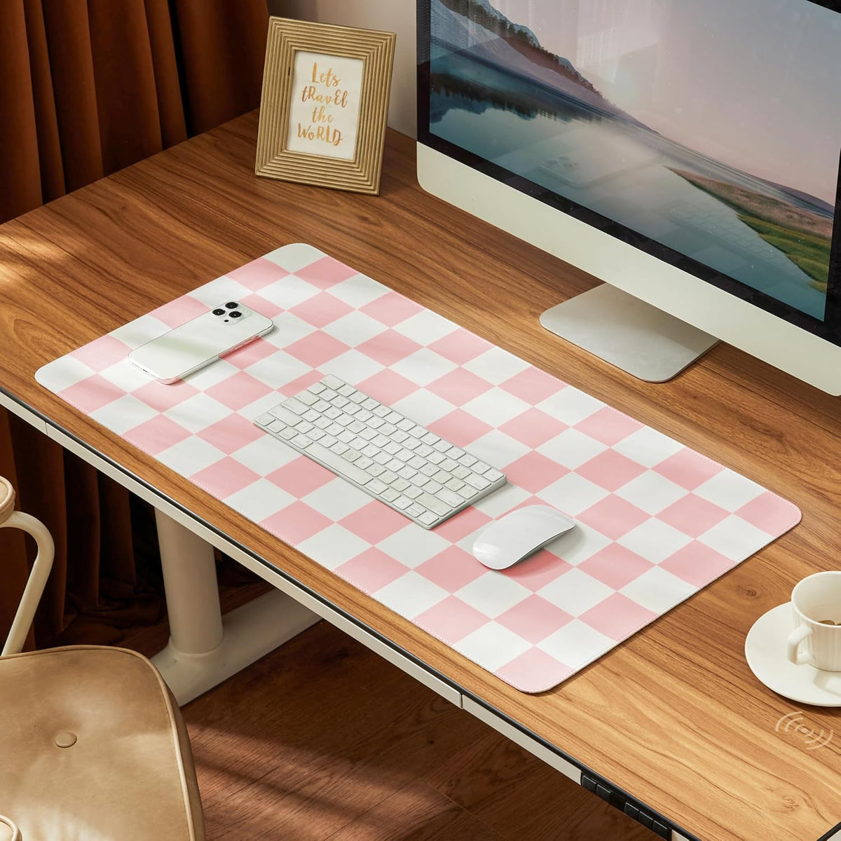 Checkered Desk Mat, 31.5" x 15.7" Large Cute Pink Aesthetic Girl Women Accessories, PU Leather Computer Laptop Desk Mat, Mouse Keyboard Pad, Desk Writing Makeup Mat for Vanity Work/Home Decor