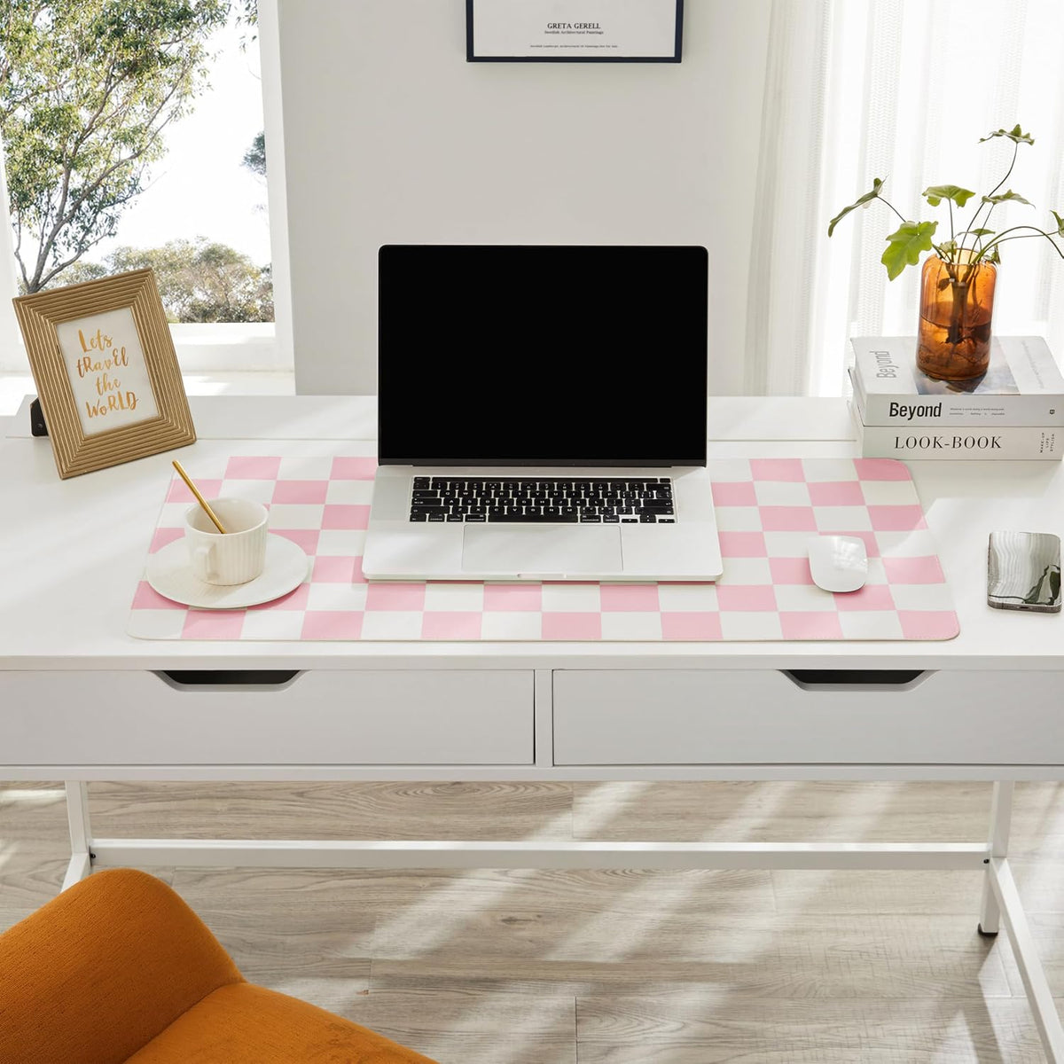 Checkered Desk Mat, 31.5" x 15.7" Large Cute Pink Aesthetic Girl Women Accessories, PU Leather Computer Laptop Desk Mat, Mouse Keyboard Pad, Desk Writing Makeup Mat for Vanity Work/Home Decor