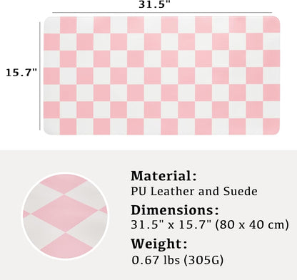 Checkered Desk Mat, 31.5" x 15.7" Large Cute Pink Aesthetic Girl Women Accessories, PU Leather Computer Laptop Desk Mat, Mouse Keyboard Pad, Desk Writing Makeup Mat for Vanity Work/Home Decor