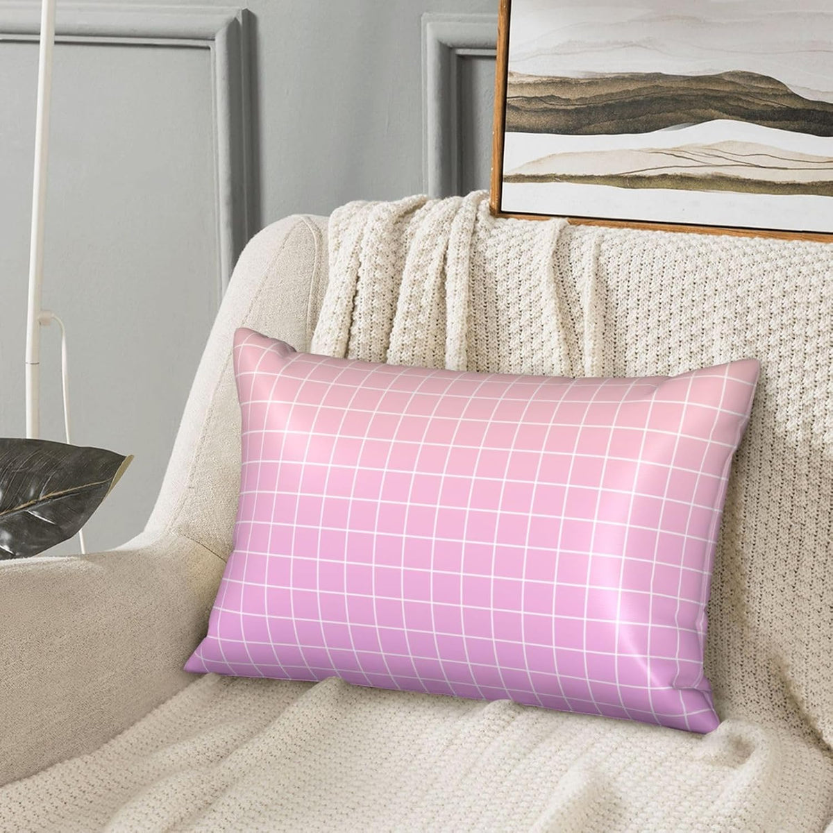Pink Peach Ombre Grid Print Satin Pillowcase for Hair＆Skin, 20x30 Inches Satin Pillowcase with Zipper, Similar to Silk Pillow Cases, Pillow Cases Queen Throw Pillow Covers