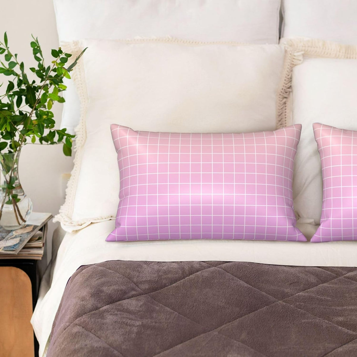 Pink Peach Ombre Grid Print Satin Pillowcase for Hair＆Skin, 20x30 Inches Satin Pillowcase with Zipper, Similar to Silk Pillow Cases, Pillow Cases Queen Throw Pillow Covers