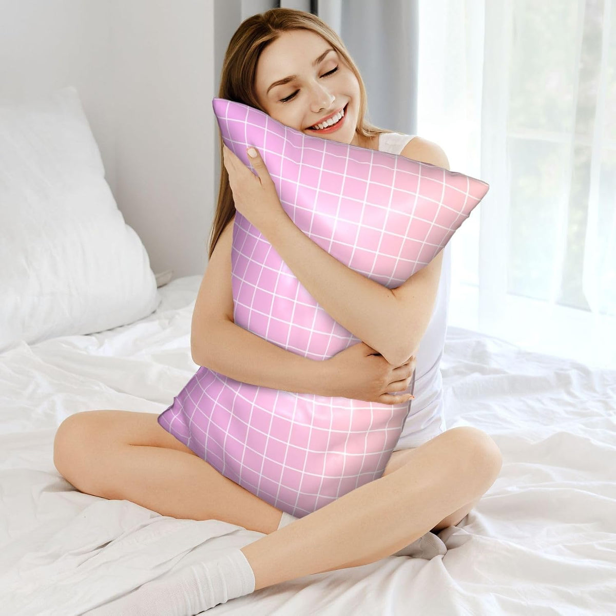 Pink Peach Ombre Grid Print Satin Pillowcase for Hair＆Skin, 20x30 Inches Satin Pillowcase with Zipper, Similar to Silk Pillow Cases, Pillow Cases Queen Throw Pillow Covers
